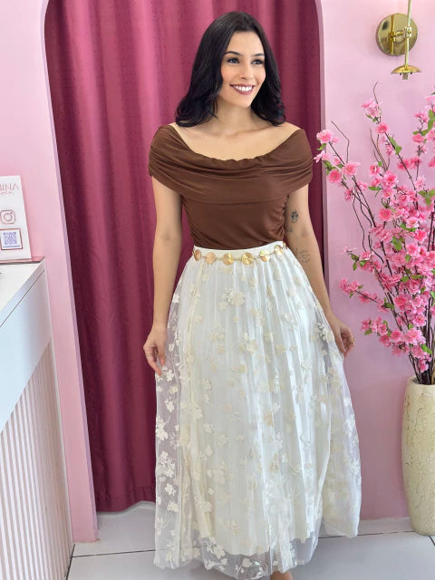 Saia Tule Flores - Moda Evangelica