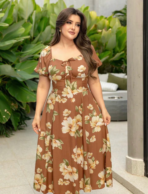 Vestidos Mayara Marrom Floral - Moda Evangelica