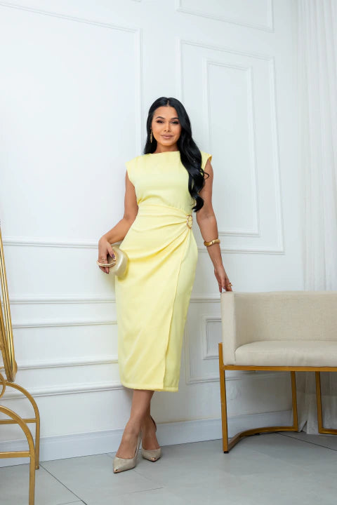 Vestido Elegante fivela Amarelo - Moda Evangelica