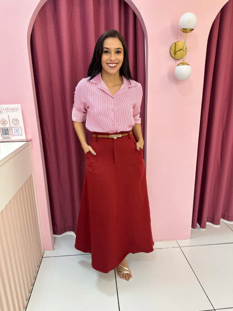 Saia Midi com Cinto Vinho - Moda Evangelica