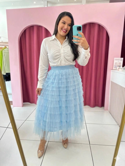 Saia Tule Camadas Azul Bebê - Moda Evangelica