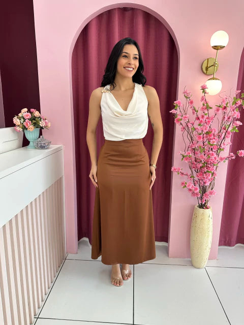 Saia Seda Marrom - Moda Evangelica
