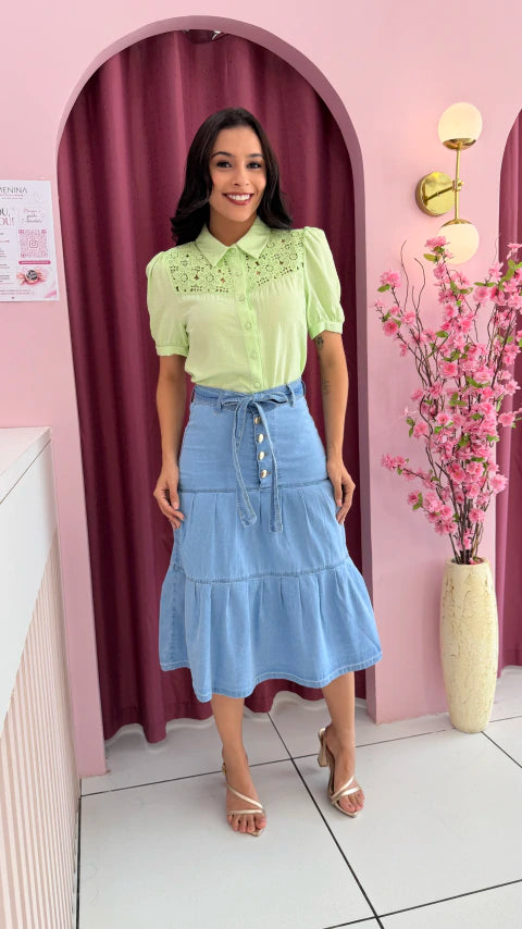 Saia Botões Jeans - Moda Evangelica