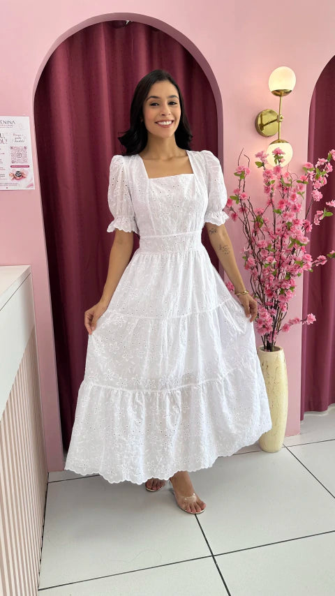 Vestido Bordado Branco - Moda Evangelica