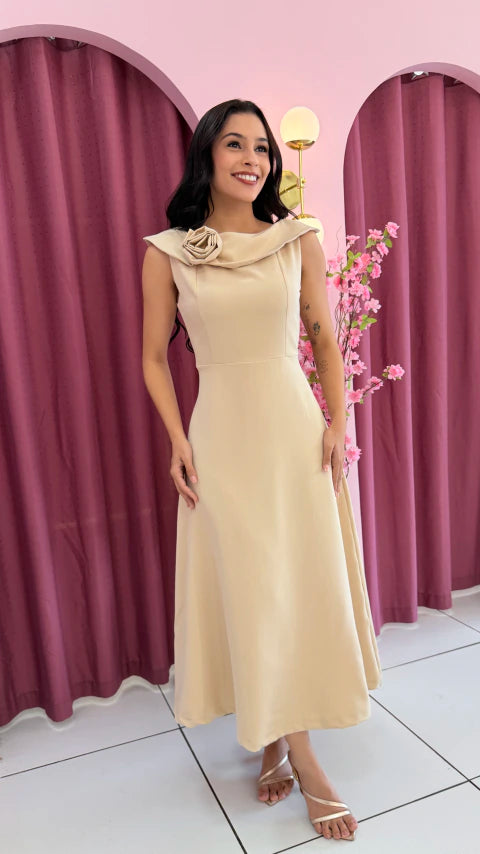 Vestido Midi Flor Bege - Moda Evangelica