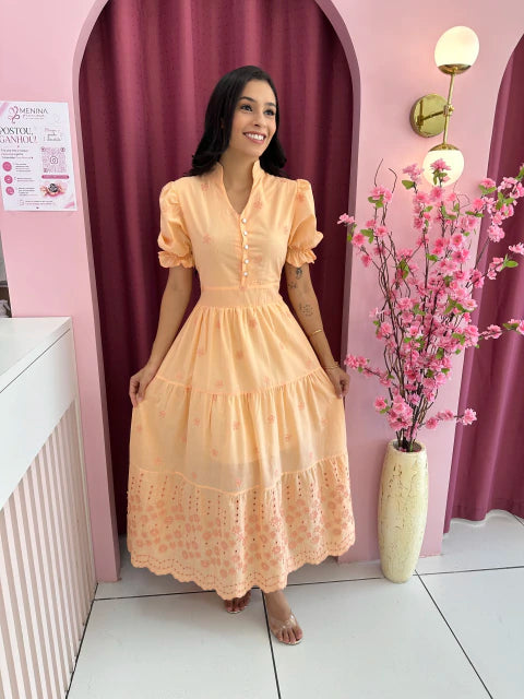 Vestido Bordado Coral - Moda Evangelica