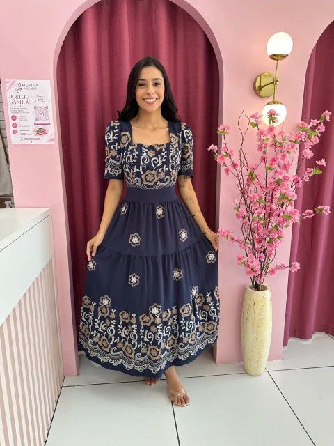 Vestido Aplicação de bordado azul - Moda Evangelica
