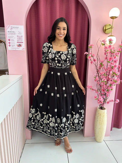 Vestido Aplicação de bordado preto - Moda Evangelica