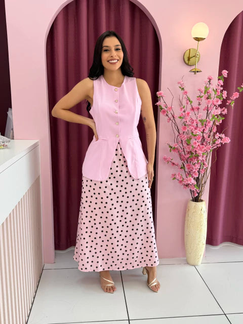 Saia Seda Poá Rosa - Moda Evangelica